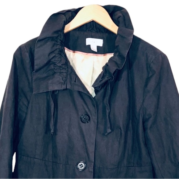 LOFT size M blue grey Cotton ruffle cinch collar button front pleated middy coat - Picture 3 of 16